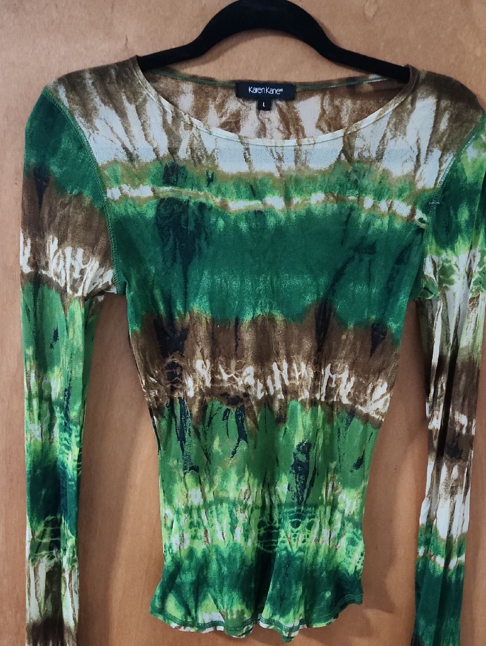 Karen Kane Stretchy Sheer Green  and Brown Tie-Dye Long Sleeve Top Size Large